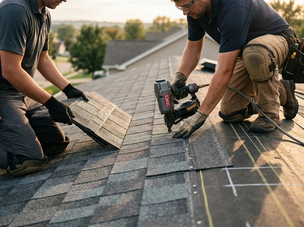 Professional roofer working on a residential roof in Mocksville